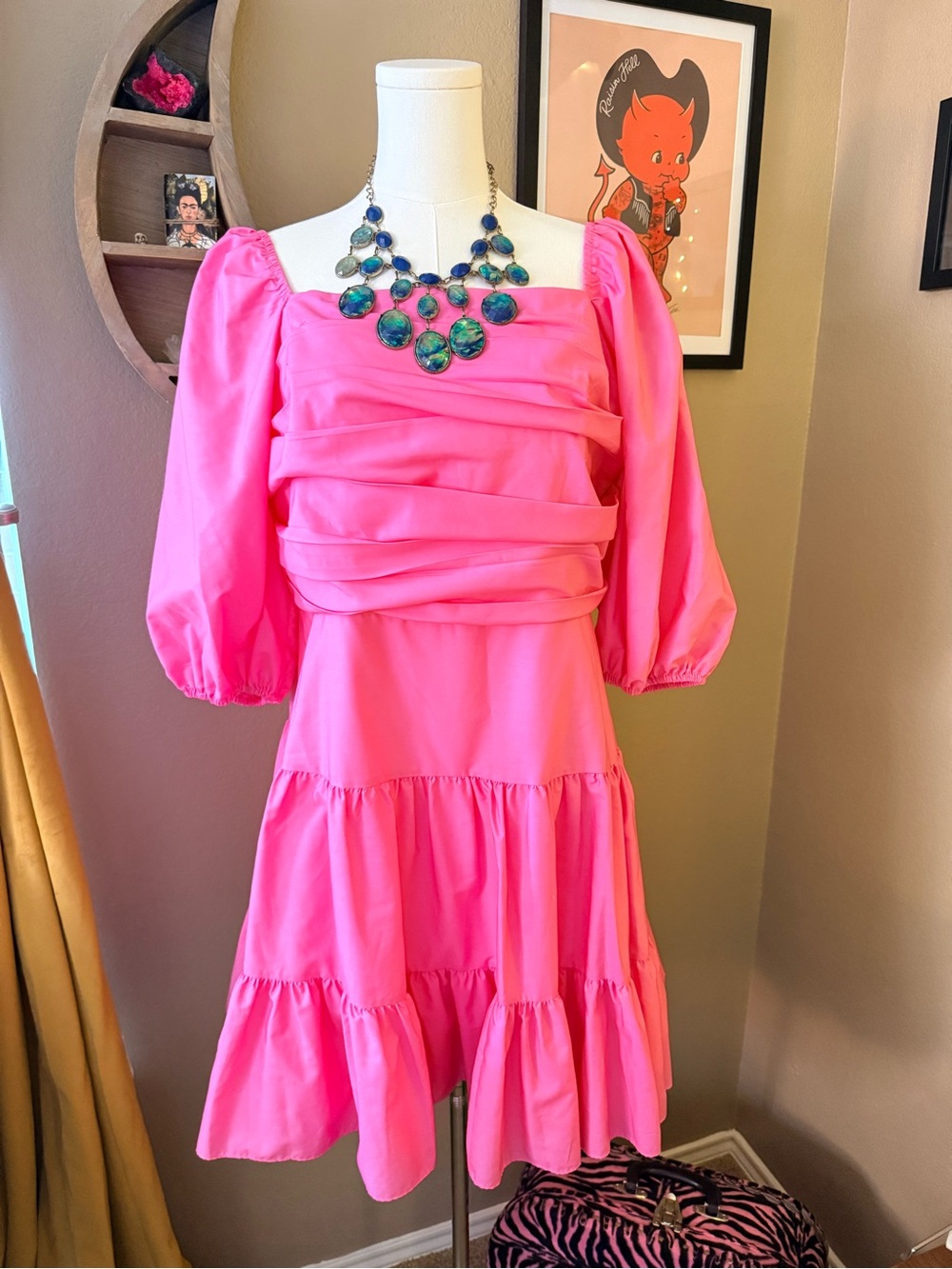 Taylor Hot Pink Puff-Sleeve Tiered Mini Dress